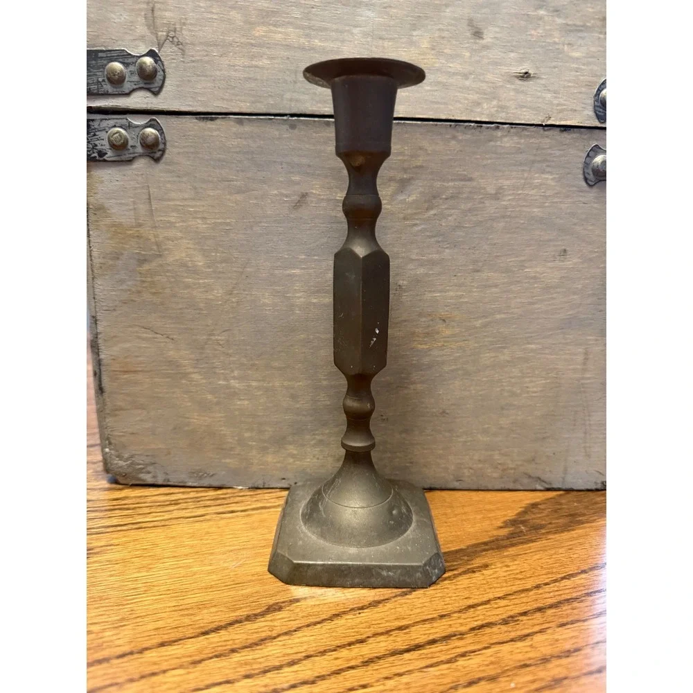Vintage Solid Brass Taper Candlestick Holder Square Base Hexagon Stem 7.5 Inch
